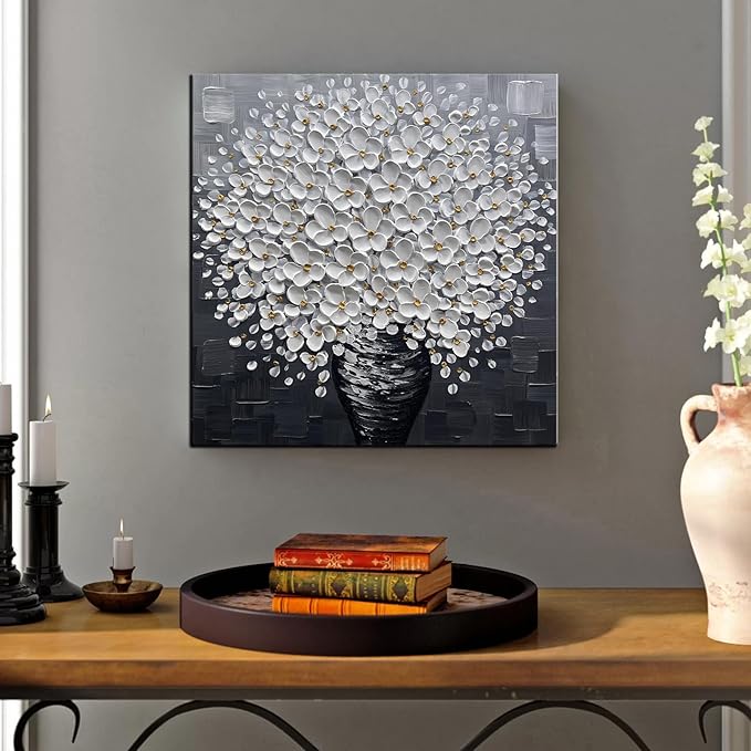 YaSheng Art- 3D Thick Texture Black and White Canvas Wall Art Hand-Painted Minimalism Abstract Artwork Oil Painting Home Decorations Modern bedroom Wall Art Ready to Hang 24x24inch