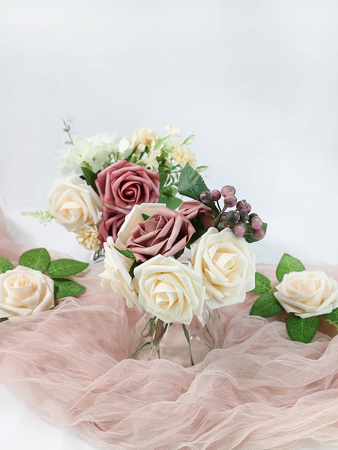 Meldel Artificial Flower Rose 50pcs Real Looking Champagne Fake Foam Roses with Stems for DIY Wedding Bouquets Gifts Bridal Shower Faux Floral Centerpieces Arrangements Home Party Tables Decorations