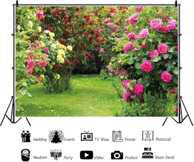 Renaiss 10x7ft Spring Garden Backdrop Red Pink Rose Flower Park Floral Green Leaf Grass Natural Landscape Photography Background for Wedding Bridal Shower Party Decor Photo Booth Props
