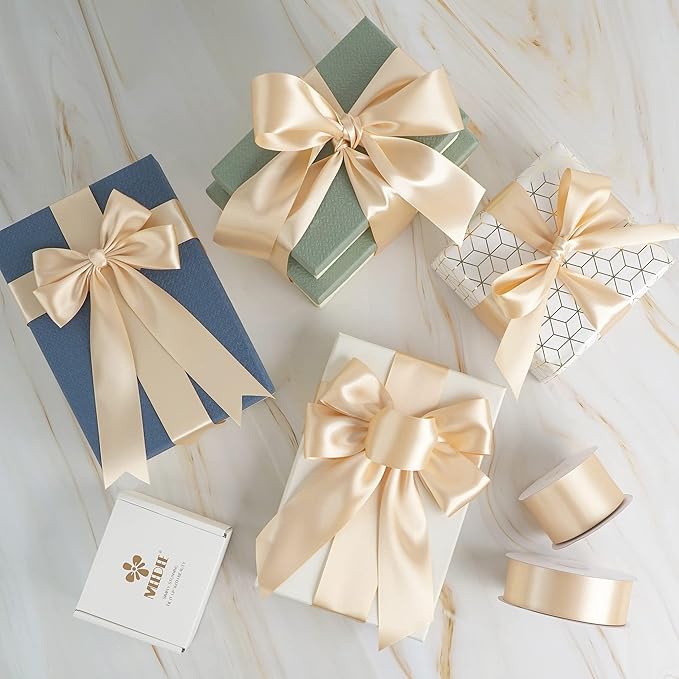 MEEDEE Champagne Satin Ribbon 1-1/2 Inch Champagne Ribbon Lux Double Faced Satin Ribbons by 50 Yards Polyester Satin Ribbons for Crafts, Wedding, Flower Bouquet, Holiday Decorating