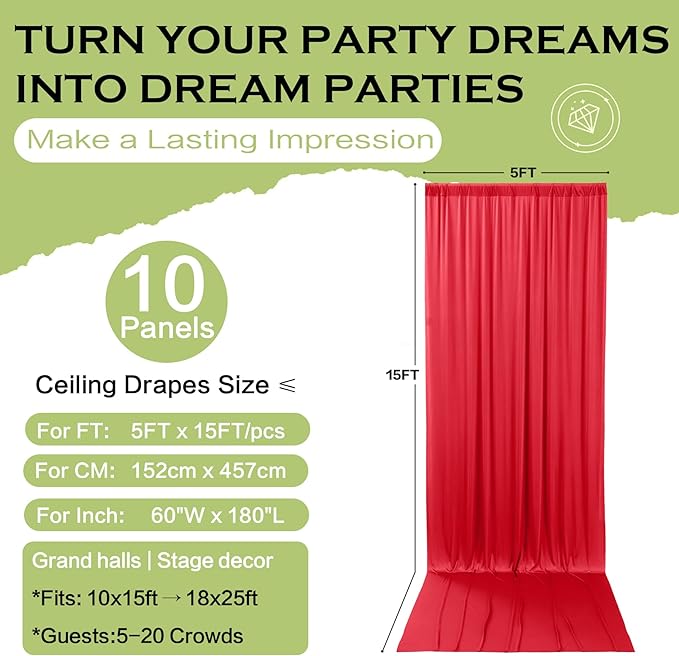 PartyVillage 50ft×15ft ChrismasRed Backdrop Curtain for Wedding Parties, 10 Panels Wrinkle Free 15 FT Long Polyester Photo Backdrop Drapes Back Drop Cloth for Birthday Photography Background
