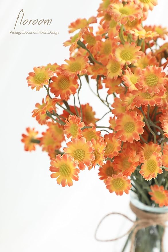 Floroom 24pcs Burnt Orange Small Artificial Flowers Faux Silk Daisies Fake Wildflowers for DIY Terracotta Wedding Bouquets Floral Arrangements Party Decor Centerpieces Decorations (Vase Not Included)