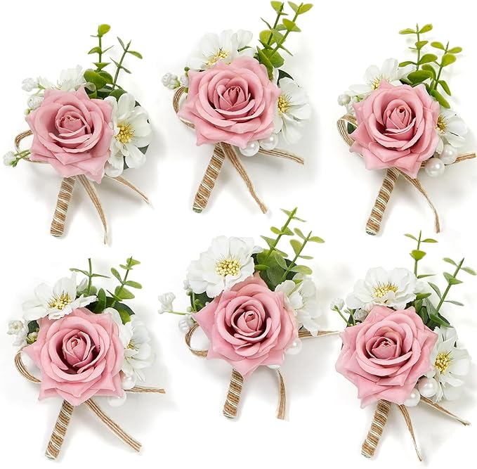 Serwalin 6PCS Pink Rose Boutonniere for Men Wedding Groom Groomsmen Best Man Boutonniere for Wedding Ceremony Anniversary Prom Flowers Formal Dinner Party