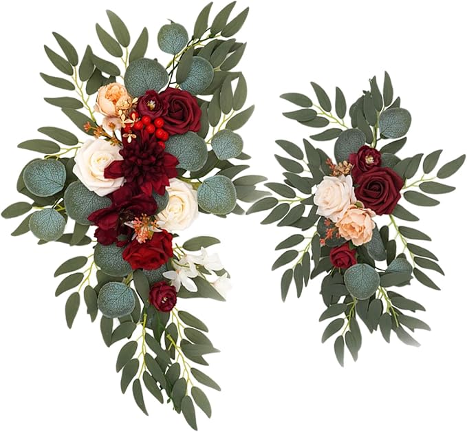 Faux Flower Swag Set of 2, Artificial Flowers Swags for Wedding Arch, Wedding Welcome Signs, Welcome Reception Ceremony Signs Decorations Burgundy