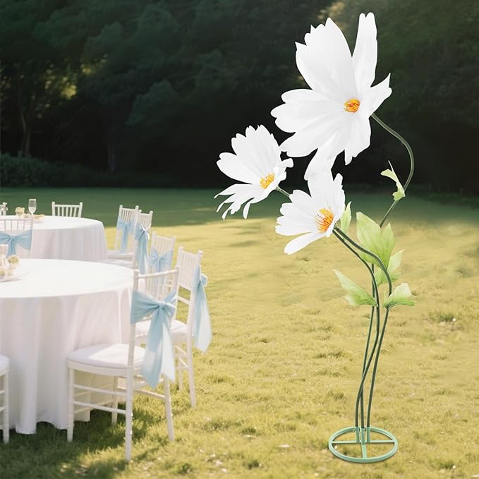 3Pcs Giant Artificial Paper Flowers - Artificial Daisy Flower for Wedding 3-Head Giant Fake Flowers with Standing Stems and Base 6.7ft Tall for Wedding Wall Party & Home Decor (White)