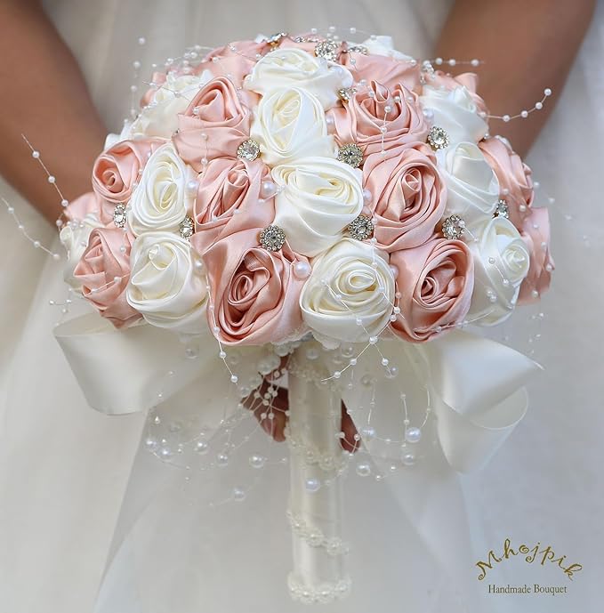Bridal Wedding Bouquet Round Bling Brooch Bouquet Throw Toss Artificial Rose Flower Bunch for Bride Bridesmaid Wedding Quinceanera(Peach Pink & Ivory, 6.3")