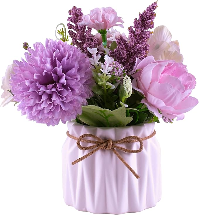 Artificial Potted Flowers, Small Ceramic Vase Fake Flower Plants Desktop Decoration Indoor for Home and Office, Faux Flowers Hydrangea Decora for Table,Bookshelf,Bedroom,Living Room,Party.(Purple)