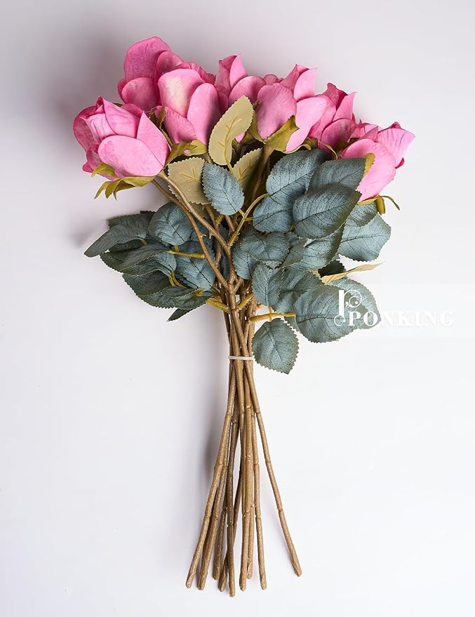 Rose Artificial Flower Buds 12pcs Realistic Faux Silk Roses Fake Flowers Bouquets Arrangements Decor for Wedding Spring Mother's Day, Home Table Decorations, Light Magenta Flower