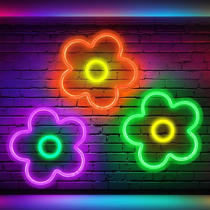 Baquler 3 Pcs Flower Neon Sign Light up Flower Sign Retro Neon LED Lights USB Powered for Wall Decor Window Bedroom Home Girls Birthday Christmas Party Decoration, 9 x 9 Inches(Bright)