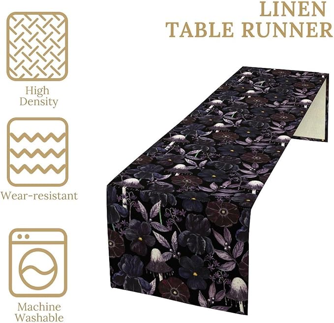 Gothic Floral Table Runner, Dark Purple Vintage Garden Flower Witchy Mushroom Farmhouse Coffee Table Center Decor for Home Kitchen Dining Patio Holiday Party Table Decorations 13x72 inches