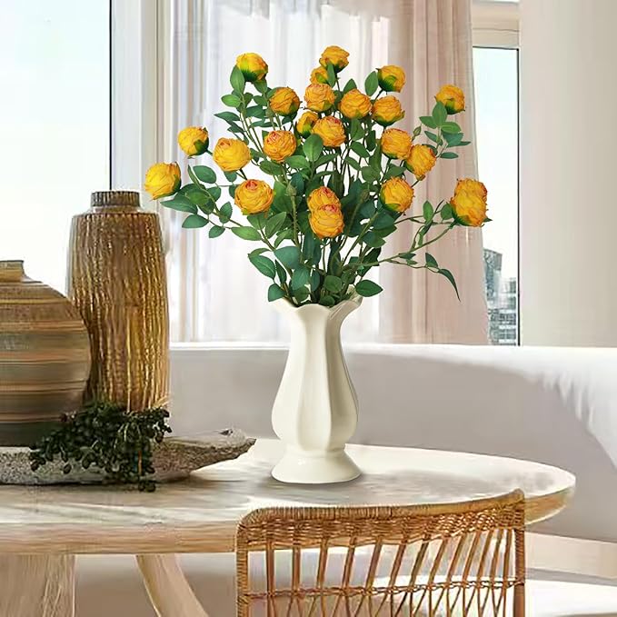 CHIAVE 8pcs 24 Flower Buds Artificial Vintage Roses Fake Silk Rose Flowers with Long Stem for DIY Bouquets Wedding Centerpiece Party Home Kitchen Shorp Decoration-Yellow