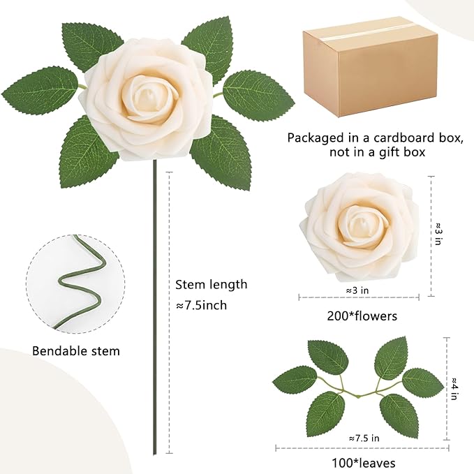 200PCS Artificial Flowers Champagne Roses Real Looking Foam Fake Roses with Leaves and for DIY Wedding Bouquets Bridal Shower Centerpieces Party Decorations (Champagne, 200)