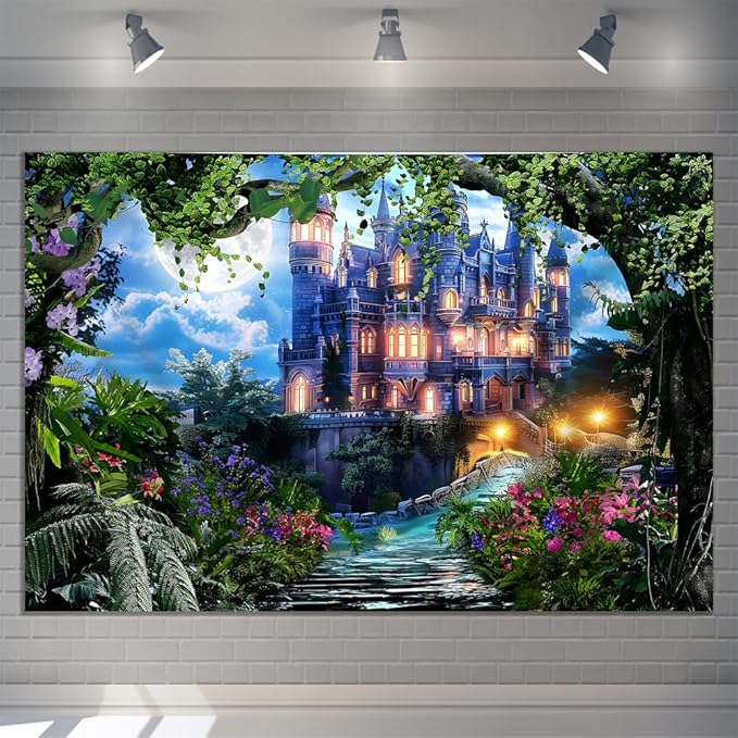 5x3ft Spring Fantasy Castle Palace Backdrop Vinyl Fairy Tale Prince Princess Flower Forest Wonderland Castle Photography Background Girl Home Decor Birthday Party Portrait Photo Props