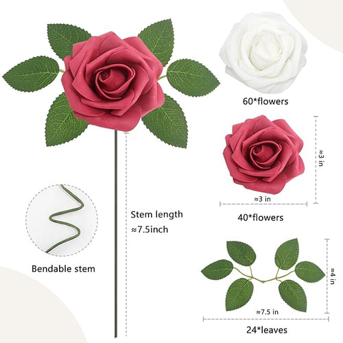 100PCS Artificial Flowers Wine red & White Roses Real Looking Foam Fake Roses with Leaves for DIY Wedding Bouquets Bridal Shower Centerpieces Party Decorations (Wine red & White, 100)