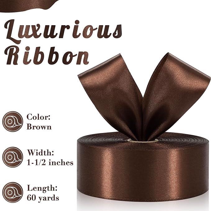 Brown Ribbon 1-1/2 Inch, 60 Yards Polyester Satin Ribbon for Gift Wrapping, Fabric Ribbon for Crafts Flower Bouquet Birthday Festival Easter