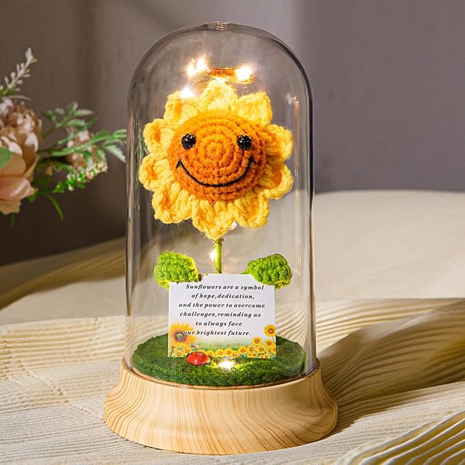 Levvohd Crochet Sunflower Gifts for Women, in Plastic Dome Sun Flower for Her Mom Grandma Birthday Mothers Day Christmas Day Gift (Card- Sunflower 4.3 in X 7.5 in)