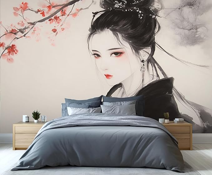 Asian Woman Wall Mural, Oriental Japanese Woman 3D Wall Murals, Ink Style Art Wallpaper Mural, for Living Room Bedroom Large Wallpaper Indoor Decor 137.8" W x100 H