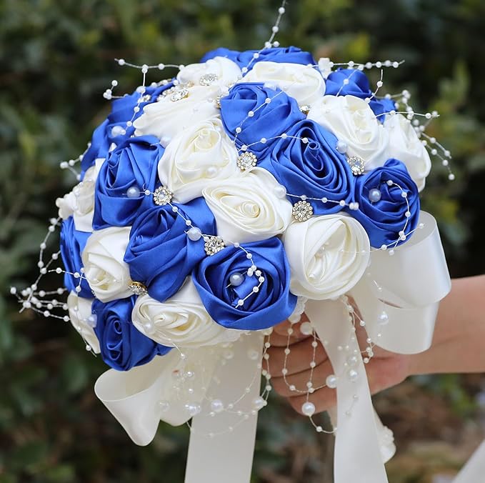 Bridal Wedding Bouquet Round Bling Brooch Bouquet Throw Toss Artificial Rose Flower Bunch for Bride Bridesmaid Wedding Quinceanera(Royal Blue & Ivory, 9.8")
