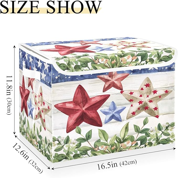 senya July Fourth Baskets Collapsible Storage Bins with Lids, American Flag Stars Storage Boxes Clothes Baskets for Organizing, B06D22020