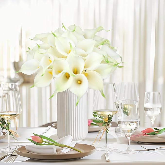24 Pcs White Artificial Flowers Fake White Calla Lily Silk Flower Real Touch for Wedding Office Home Kitchen Decor