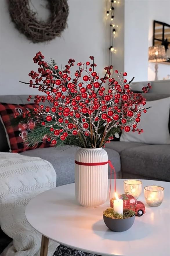 Hollyone 4 Pack Artificial Christmas Glitter Berries Stems, 19 Inch Fake Red Holly Berry Picks with Ice Snow for Christmas Tree Wreath Floral Arrangements Holiday Home Vase DIY Crafts Decor
