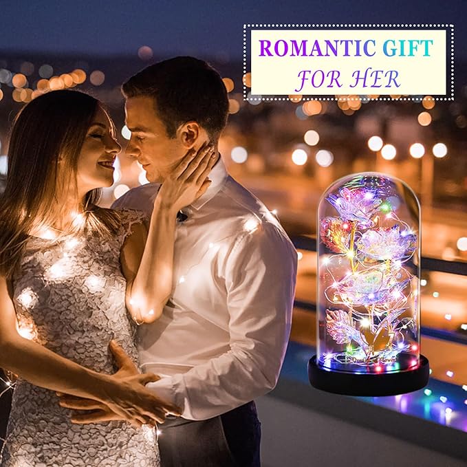 Valentines Gifts for Her,Birthday Gifts for Women,Colorful Flowers Rose in Glass Dome,Galaxy Flowers Rose with 2 Lighted Mode,Rainbow Rose Flower Gifts for Women,Valentines Gifts for Girlfriend