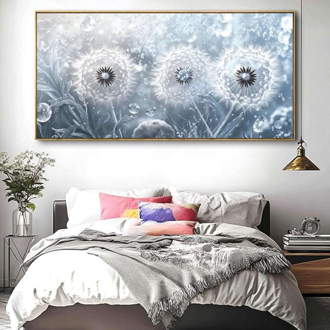 Dandelion Landscape Wall Art - Large Framed Canvas Painting for Living Room, Bedroom, Modern Artwork Decor - 48x24 Inch Ready-to-Hang