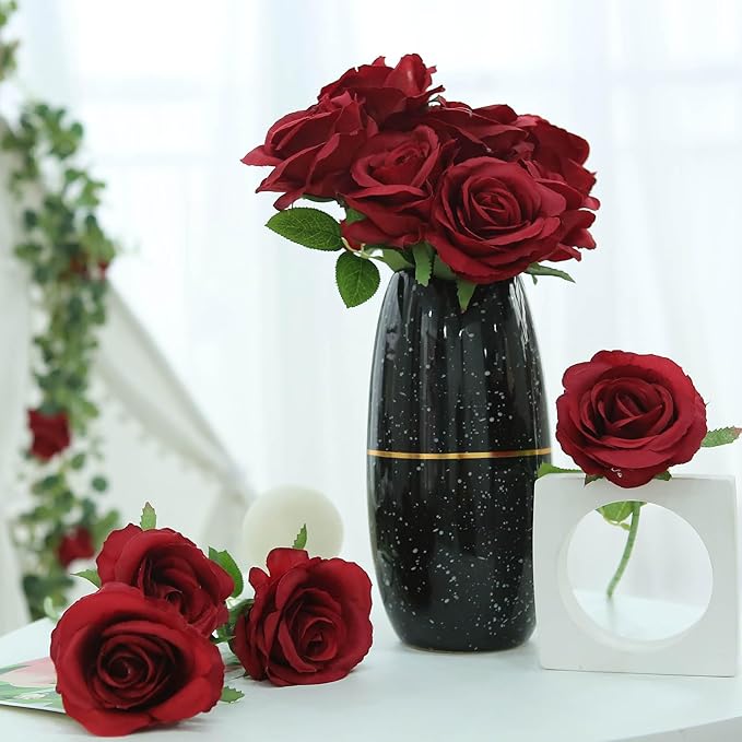 Felice Arts 12 Pack Fake Wine Red Roses Artificial Flowers with Stems Silk Burgundy Rose Bouquet for Valentines Decoration Wedding Bridal Bouquet Vase Table Centerpiece DIY Cake Decor
