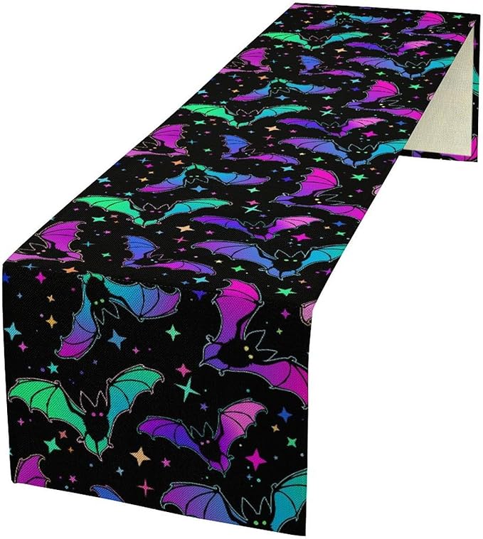 Gothic Table Runner,Colorful Bat Star Pattern Table Runner for Home Kitchen Table Dining Garden Farmhouse Wedding Party Decor 13x70 Inch