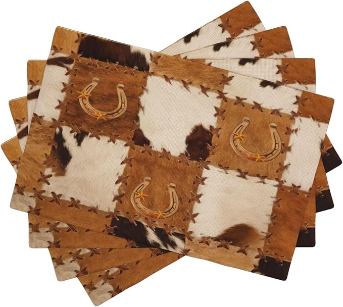 Vintage Cowhide Animal Placemats, Old West Country Cow Animal Fur Patchwork Abstract Horseshoe Print Washable Fabric Placemats Table Kitchen Dining Party 12x18 Inch Set of 6