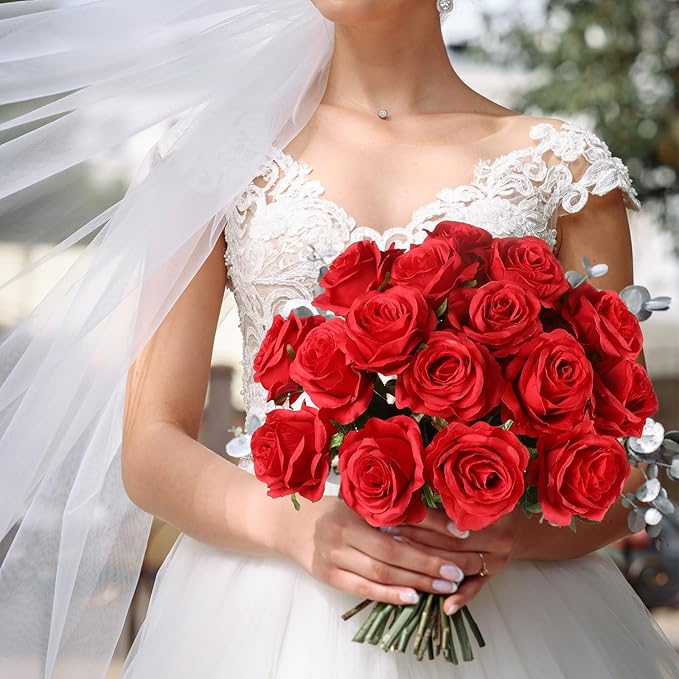 Nubry 24pcs Artificial Silk Roses Bulk,Fake Roses Flower with Stems Realistic Flowers for Wedding Centerpiece Home Party Decor(Red)