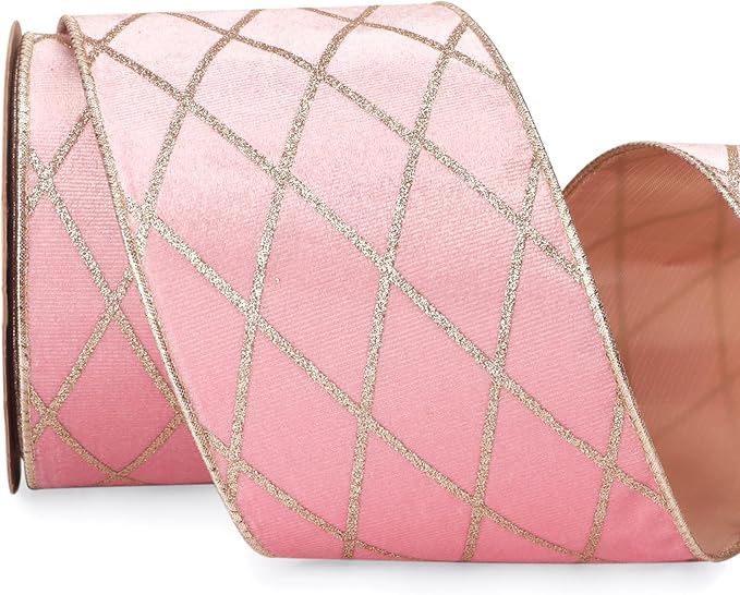 Ribbli Light Pink Velvet Ribbon Wired with Glitter Diamond Grid 4 Inch Christmas Ribbon for Christmas Tree Decoration Big Bow Gift Wrapping Crafts Wreaths Garland Supplies - 10 Yards