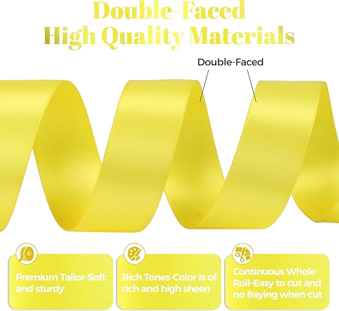 Lemon Yellow Satin Ribbon, Double Faced 7/8 Inch X 50 Yards Lemon Yellow Ribbon, Premium Satin Ribbon for Gift Wrapping, Crafts, Hair Bow Making, Sewing, Flower Bouquet, Wedding Party Decor