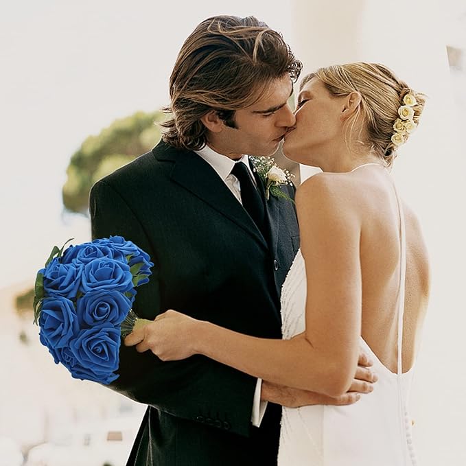 Artificial Roses Flowers 50pcs Real Looking Foam Fake Roses with Stems for DIY Wedding Bouquets Bridal Shower Centerpieces Party Decorations (50, Navy Blue)