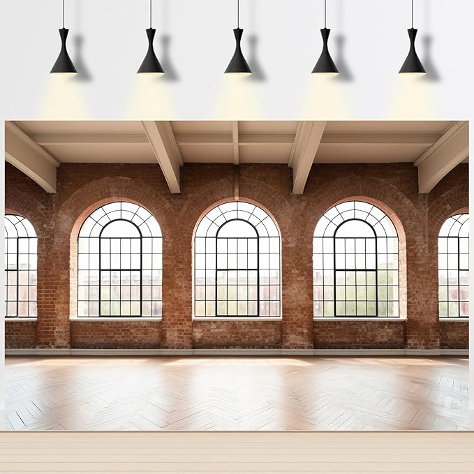 Large Empty Room Backdrop Concrete Walls Wooden Floor with Big Arched Windows Photography Background Empty Loft Style with Brick Wall Photography Decorations Photo Booth Shoot Studio Props 12x8ft