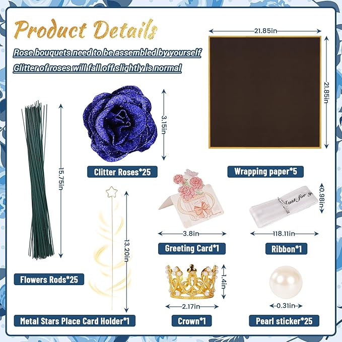 Glitter Roses Bouquet,DIY Fake Glitter Bouquets, Everlasting Shiny Artificial Rose Bouquet with Flower Wrapping Paper Crowns Cards for Mother's Day Graduation Wedding Anniversary(Blue),25 Pcs