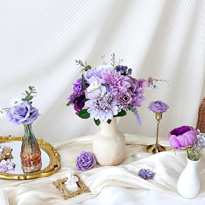 Dusty Purple Artificial Flowers Combo Box Set Silk Dahlia Roses with Stems Lilac Lavender DIY Bridal Wedding Bouquets Cake Top Fake Floral Arrangements Baby Shower Party Table Centerpieces Home Decor