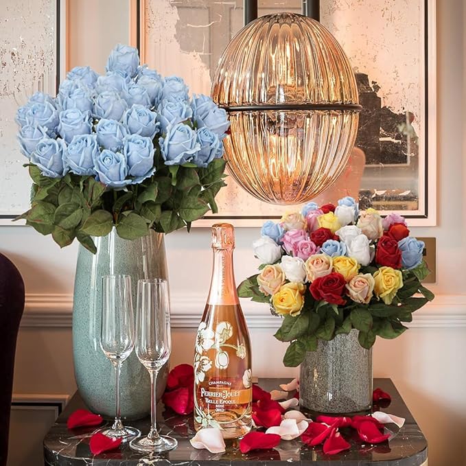 Artificial Realistic Roses Blue Flowers 24" Real Touch Silk Roses Bouquet Long Stems Rose for Flower Arrangement Fake Roses Decor for Home Party Wedding Table Centerpieces Roses Realistic - 5 Pcs