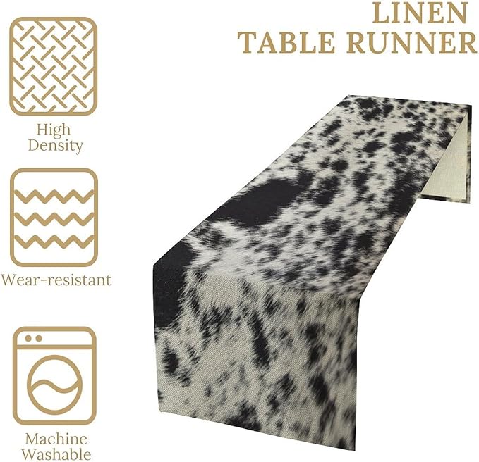 Cow Skin Print Table Runner, Rustic Country Farmhouse Animal Fur Skin Western Farm Black Cowhide Print Dinner Runner Table Decoration for Home Kitchen Dining 13x60in