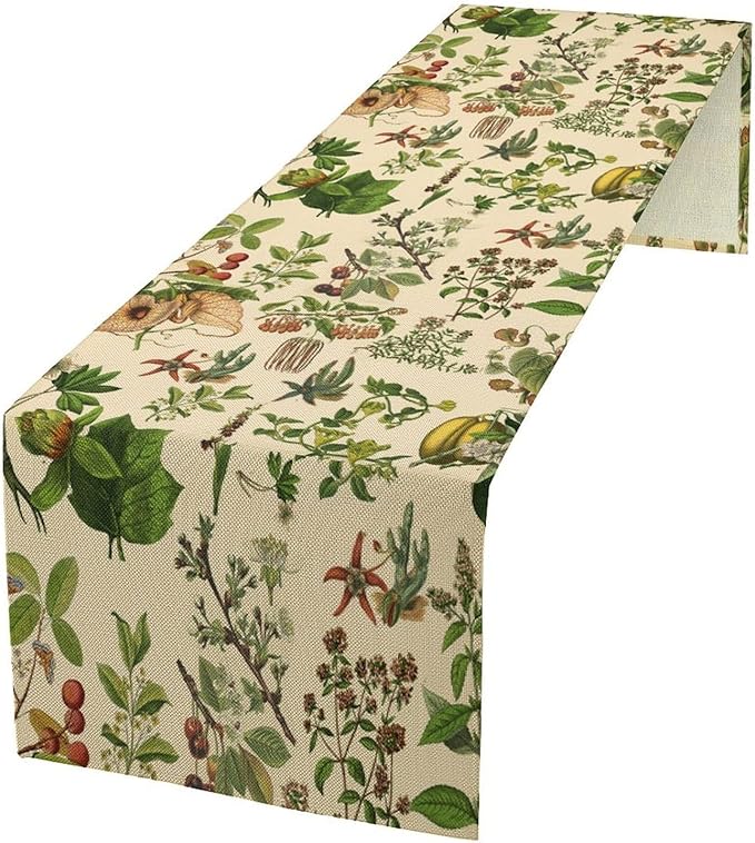 Vintage Botanical Table Runner Rustic Wildflower Plants Herbs Retro Boho Wild Floral Ferns Green Leaf Spring Summer Seasonal Dinner Runner for Home Kitchen Cabin Holiday Party Decor 13x60in