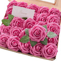 Floroom Artificial Flowers 25pcs Real Looking Hot Pink Foam Fake Roses with Stems for DIY Wedding Bouquets Bridal Shower Centerpieces Floral Arrangements Party Tables Home Decorations