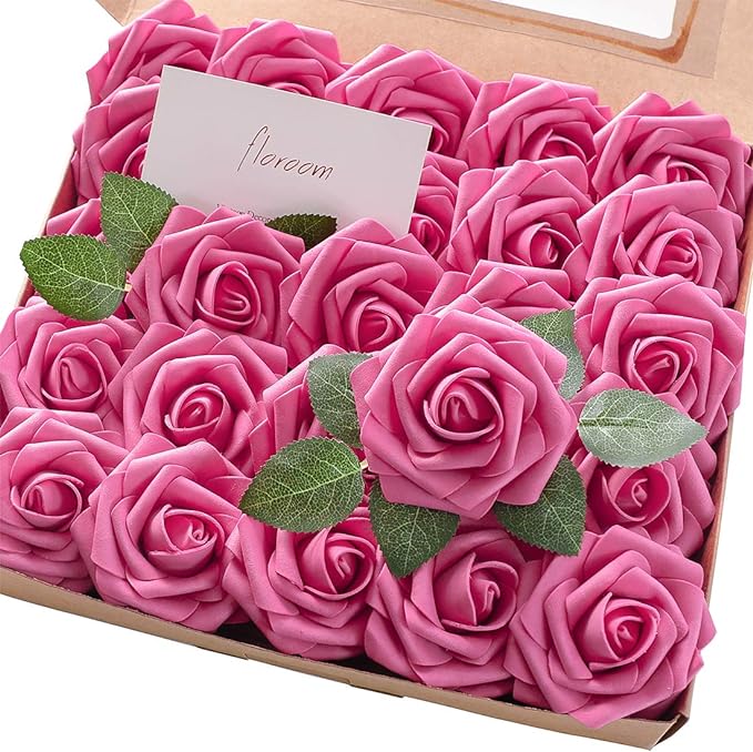 Floroom Artificial Flowers 25pcs Real Looking Hot Pink Foam Fake Roses with Stems for DIY Wedding Bouquets Bridal Shower Centerpieces Floral Arrangements Party Tables Home Decorations