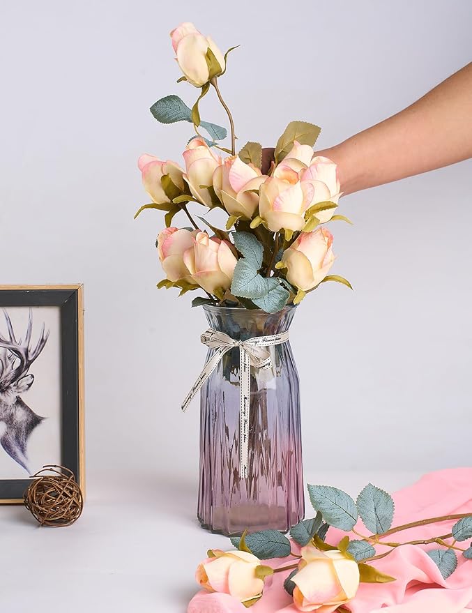 Rose Artificial Flower Buds 12pcs Realistic Faux Silk Roses Fake Flowers Bouquets Arrangements Decor for Wedding Spring Mother's Day, Home Table Decorations, Yellow Flower