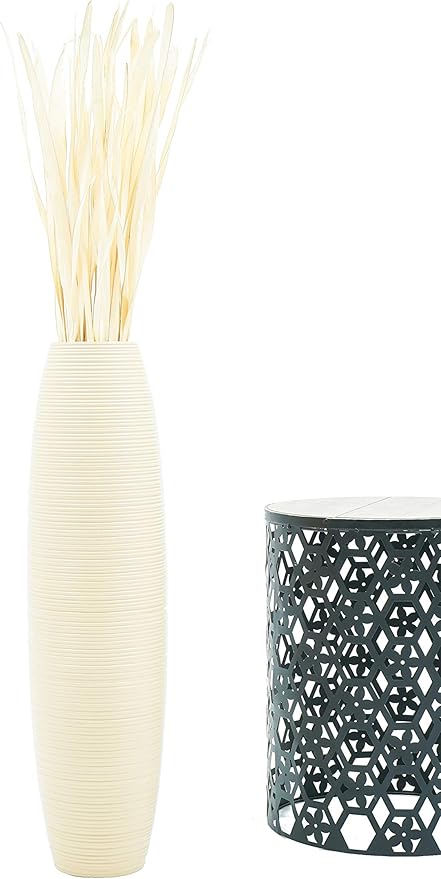Leewadee Large Cream Home Decor Floor Vase – Wooden 28 inches Tall Farmhouse Decor Flower Holder for Fake Plant and Pampas Grass
