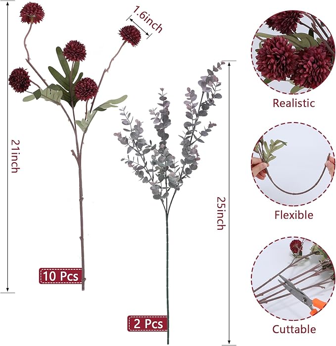 Burgundy Pompon Mum Artificial Flowers with Eucalyptus – 10 Bundles Fake Silk Flowers for Vase , 21’’ Long Stems for Christmas Table Centerpieces, Winter Floral Arrangements & Rustic Home Décor