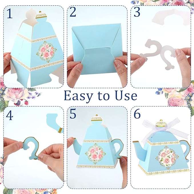 Jetec 100 Pcs Teapot Candy Box Floral Flower Tea Party Favor Gift Box Candy Boxes for Tea Garden Wedding Favors Bridal Showers Brunches Birthdays Decorations(Blue)