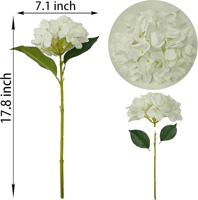 White Hydrangea Artificial Flowers,6 Pcs Faux Artificial Hydrangeas Flowers with Stems,Fake Silk Hydrangeas Flowers with Stems for Home Decor (6, White)