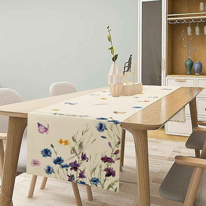 Blue Floral Table Runner, Spring Summer Watercolor Wildflower Butterfly Country Farmhouse Coffee Table Center Decor for Home Kitchen Dining Patio Holiday Party Table Decorations 13x36 inches