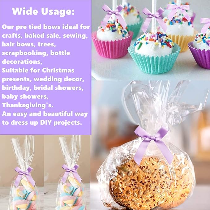 100 PCS 3 Inch Twist Bows for Treat Bags, Satin Twist Tie Bows, Pre Tied Bows with Wire, Ribbon Bows with Twist Ties for Gift Bags, Popcorn Bags, Cookie Bags, Party Favors(Light Purple)
