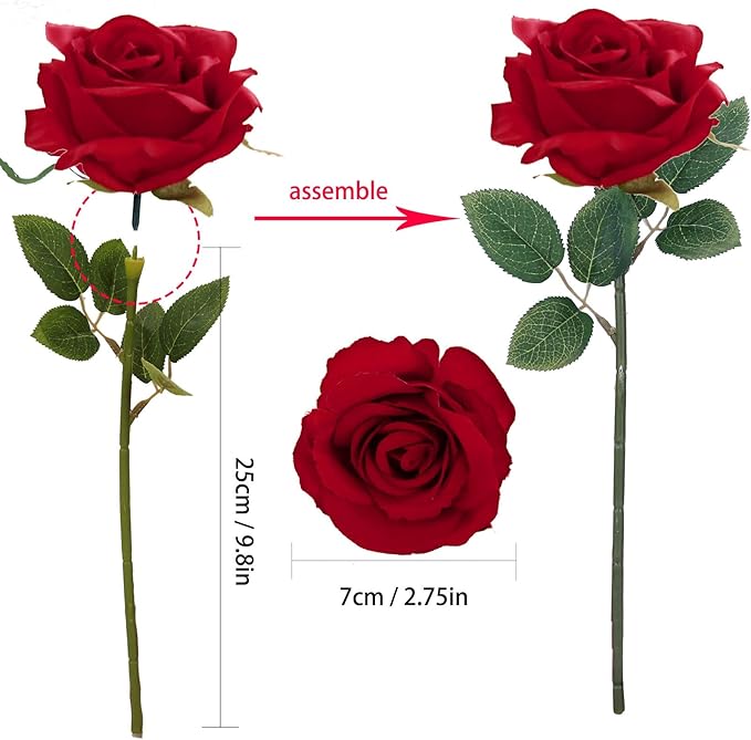 Felice Arts 12 Pack Fake Wine Red Roses Artificial Flowers with Stems Silk Burgundy Rose Bouquet for Valentines Decoration Wedding Bridal Bouquet Vase Table Centerpiece DIY Cake Decor